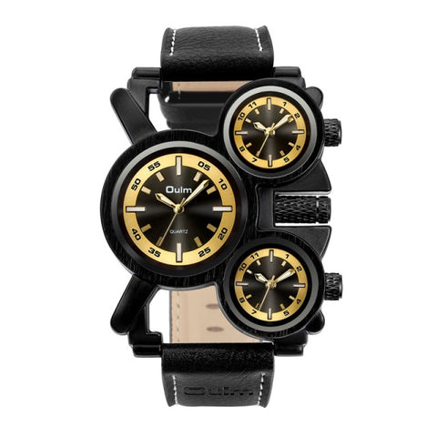 Oulm Quartz Clock 1167 New Punk Style Men Sport Watch Unique Design 3 Time Zone Watches Genuine Leather Strap Man Wristwatch