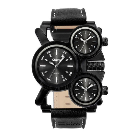 Oulm Quartz Clock 1167 New Punk Style Men Sport Watch Unique Design 3 Time Zone Watches Genuine Leather Strap Man Wristwatch