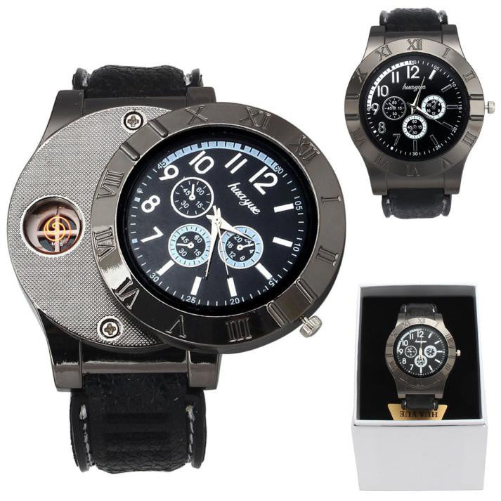 Windproof Casual Military Quartz Watch USB Cigarette Cigar Flameless Lighter