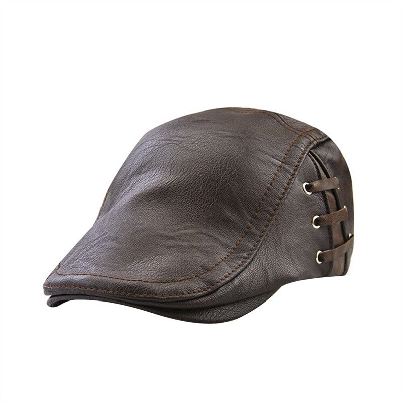 Men's Flat Cap Vintage PU Leather Newsboy Cap Flat Golf Driving Hunting Hat