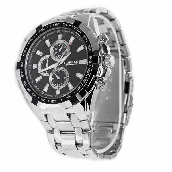 CURREN 8023 Waterproof Men's Round Dial Stainless Steel Band Quartz Wrist Watch with Paper Package Box (Silver+Black)