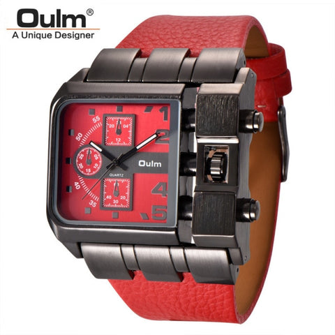 OULM 3364 Brand Original Rectangle Unique Design Men Wristwatch Wide Dial Leather Strap Quartz Watch