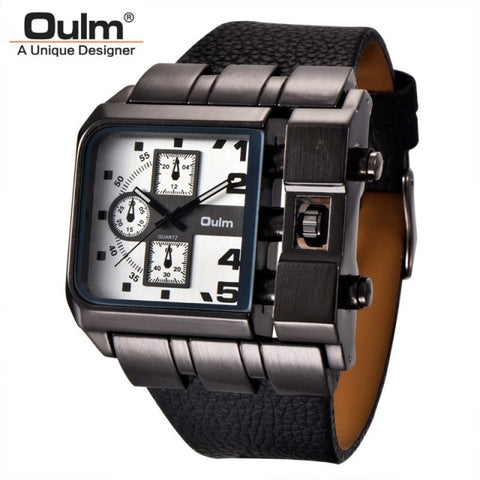 OULM 3364 Brand Original Rectangle Unique Design Men Wristwatch Wide Dial Leather Strap Quartz Watch