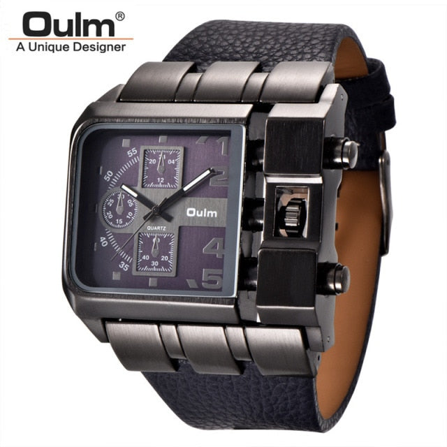 OULM 3364 Brand Original Rectangle Unique Design Men Wristwatch Wide Dial Leather Strap Quartz Watch