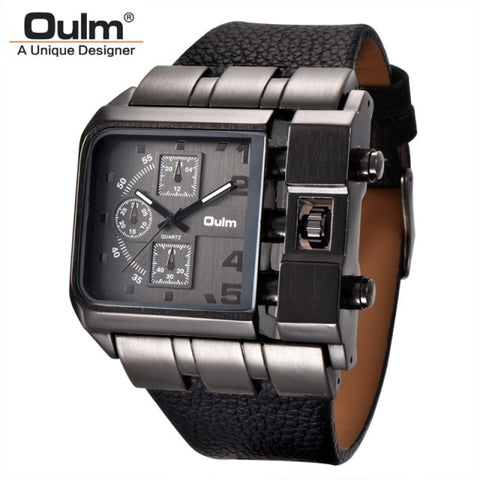 OULM 3364 Brand Original Rectangle Unique Design Men Wristwatch Wide Dial Leather Strap Quartz Watch