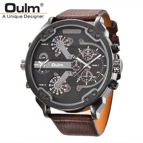 Oulm Brand Super Big Dial Men&#39;s Watches Dual Time Zone Watch Casual PU Leather Luxury Brand Men Quartz Wristwatch