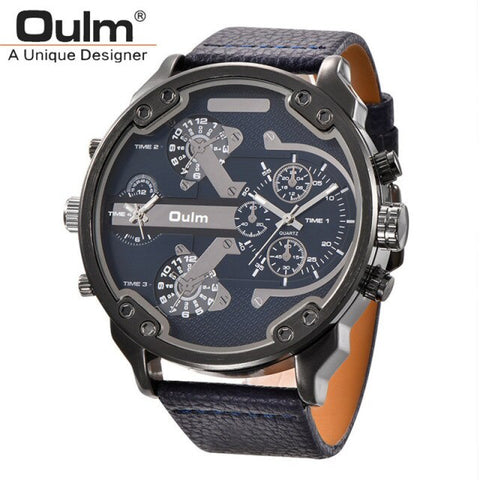 Oulm Brand Super Big Dial Men&#39;s Watches Dual Time Zone Watch Casual PU Leather Luxury Brand Men Quartz Wristwatch