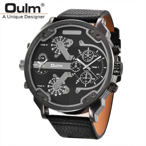 Oulm Brand Super Big Dial Men&#39;s Watches Dual Time Zone Watch Casual PU Leather Luxury Brand Men Quartz Wristwatch