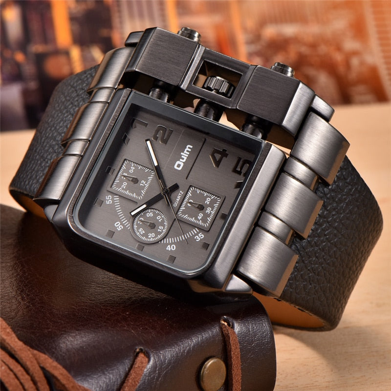 OULM 3364 Brand Original Rectangle Unique Design Men Wristwatch Wide Dial Leather Strap Quartz Watch