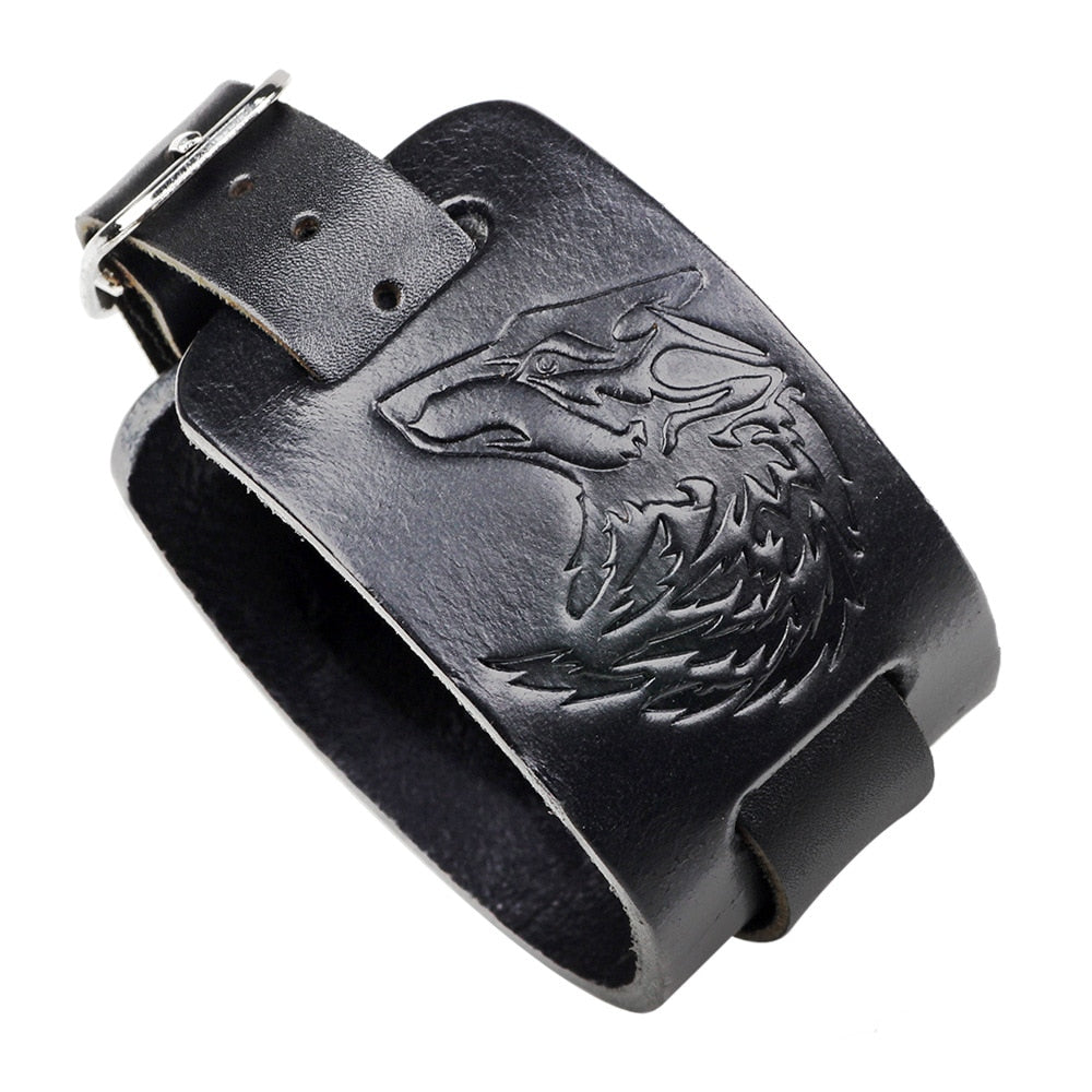 VOQ New Animal Wolf Bracelet Black &amp; Brown Genuine Leather Process Embossed Wrap Bracelet Man 2019 Adjustable Wristband Jewelry